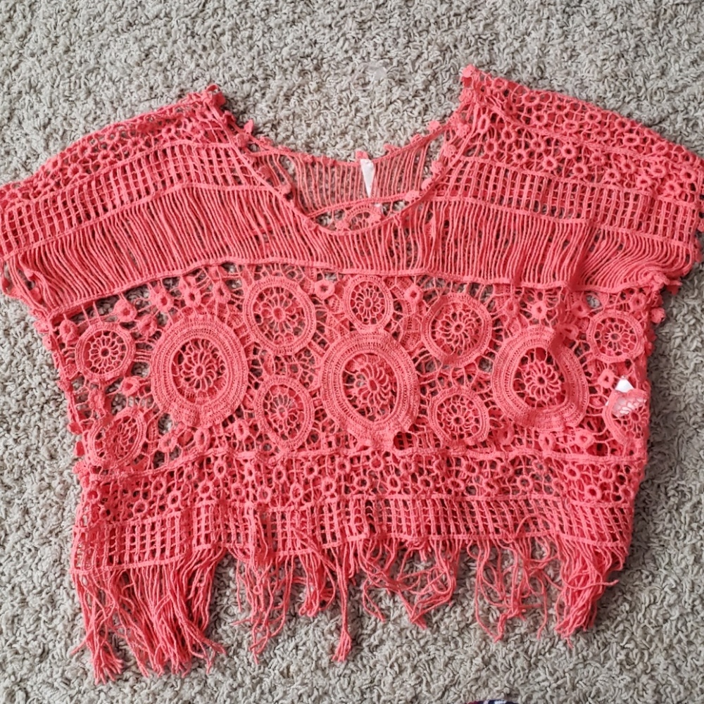 J & K Crop Fringe Crochet Knit Top Coral S BOHO